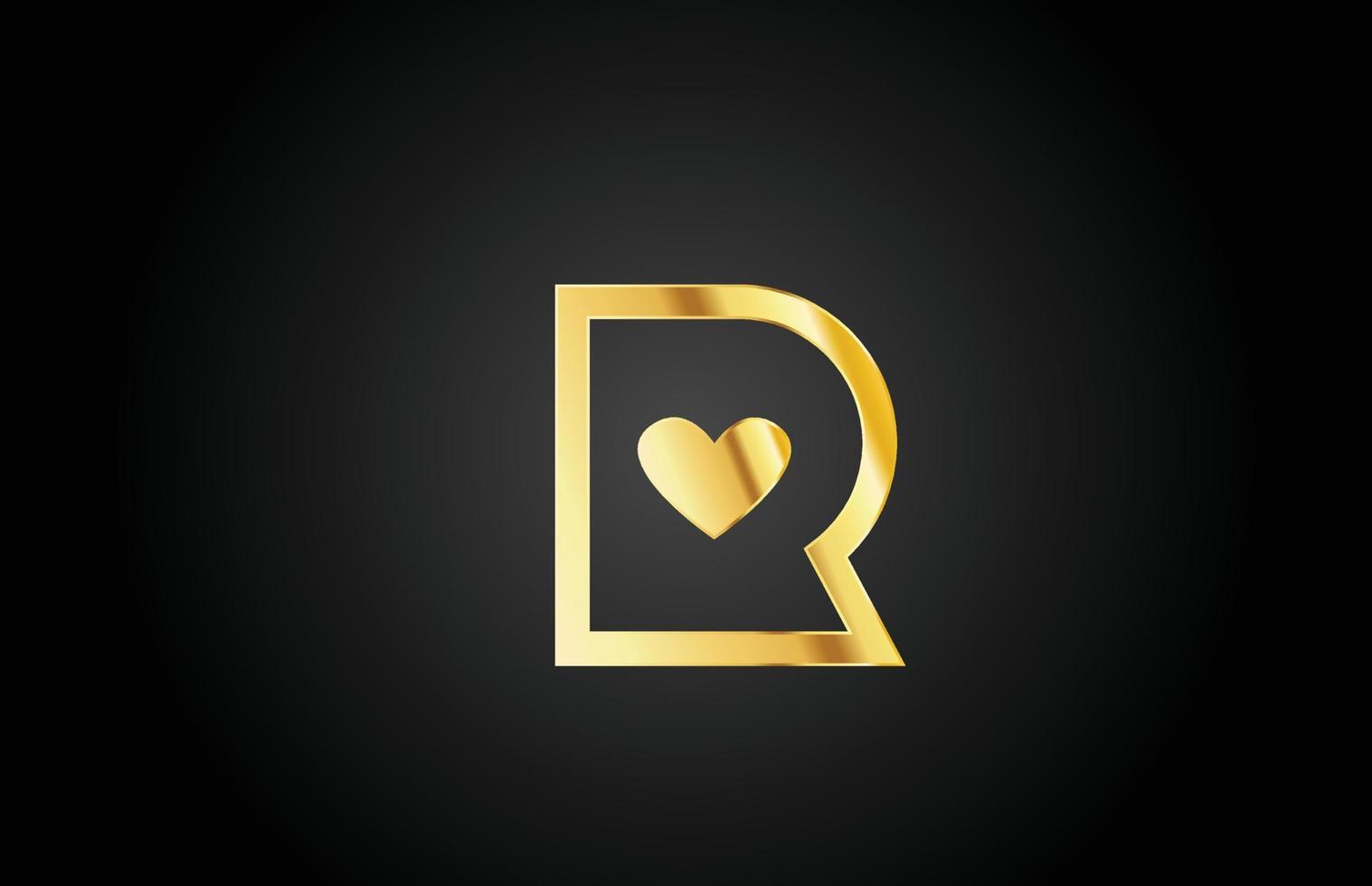 gold golden R love heart alphabet letter logo icon design. Creative template for company or business vector