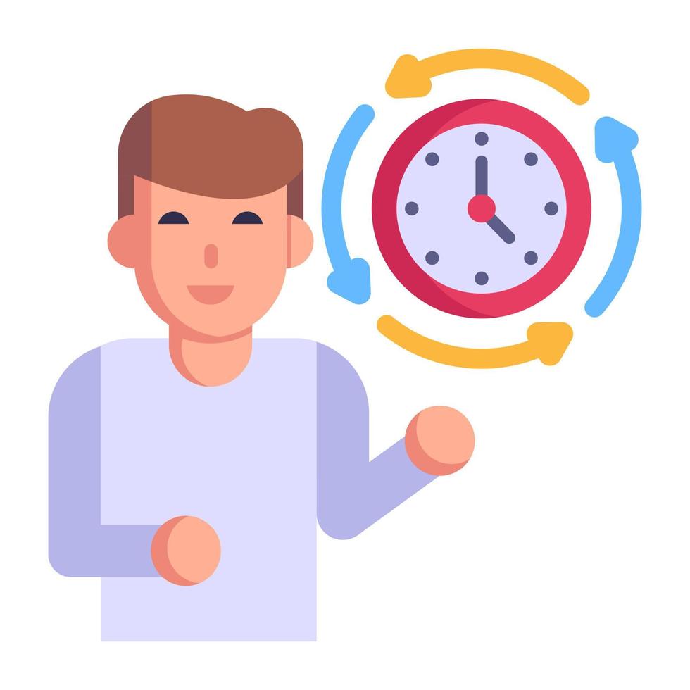 persona con reloj, concepto de icono plano de empleado puntual vector