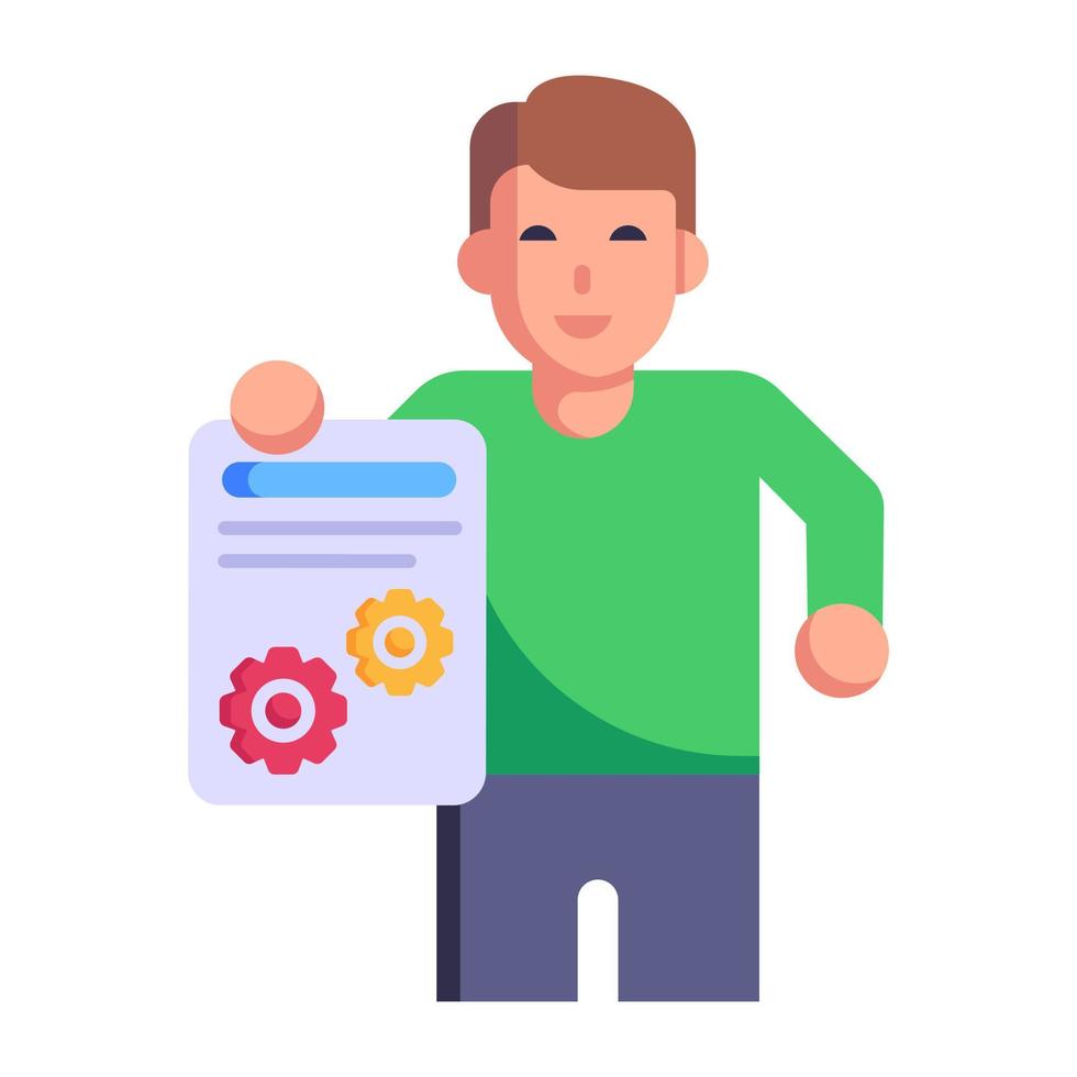 Person holding document with cogwheels, flat icon of file configuration vector