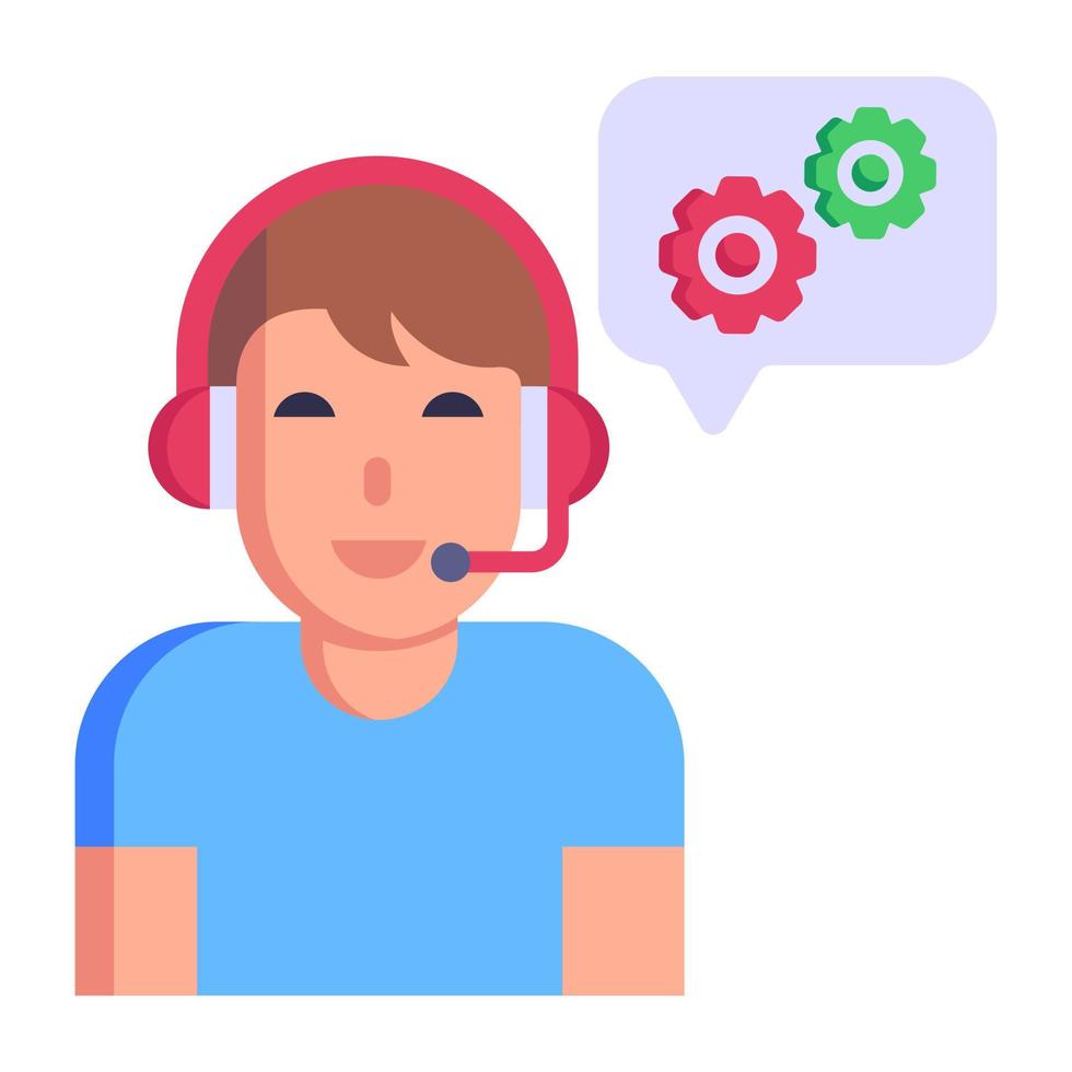 Person wearing headphones, flat icon of technical support vector