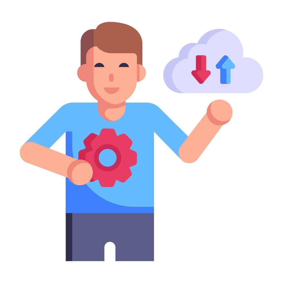Person working with cloud, flat icon of cloud transfer vector