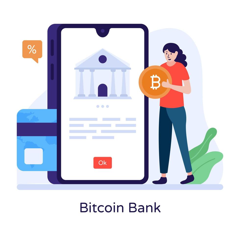 Bitcoin bank flat illustration is up for premium use vector
