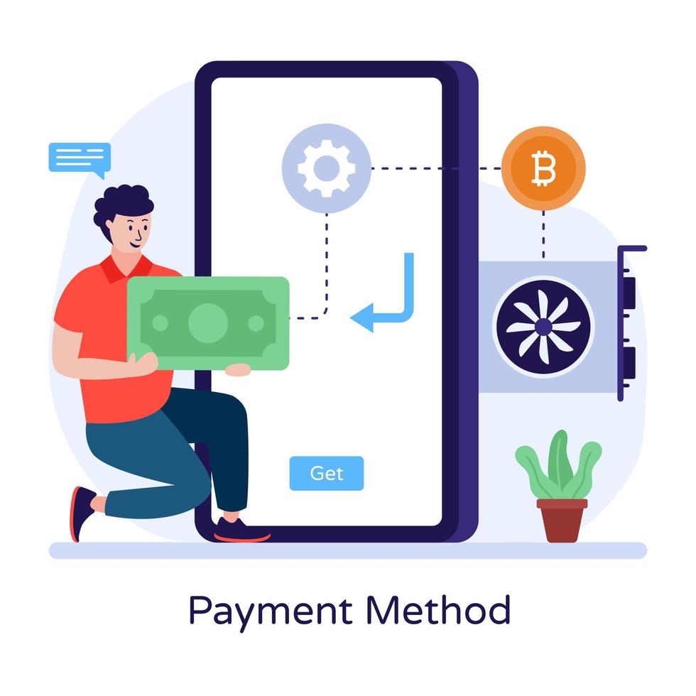 Online bitcoin transfer, flat illustration of payment method vector