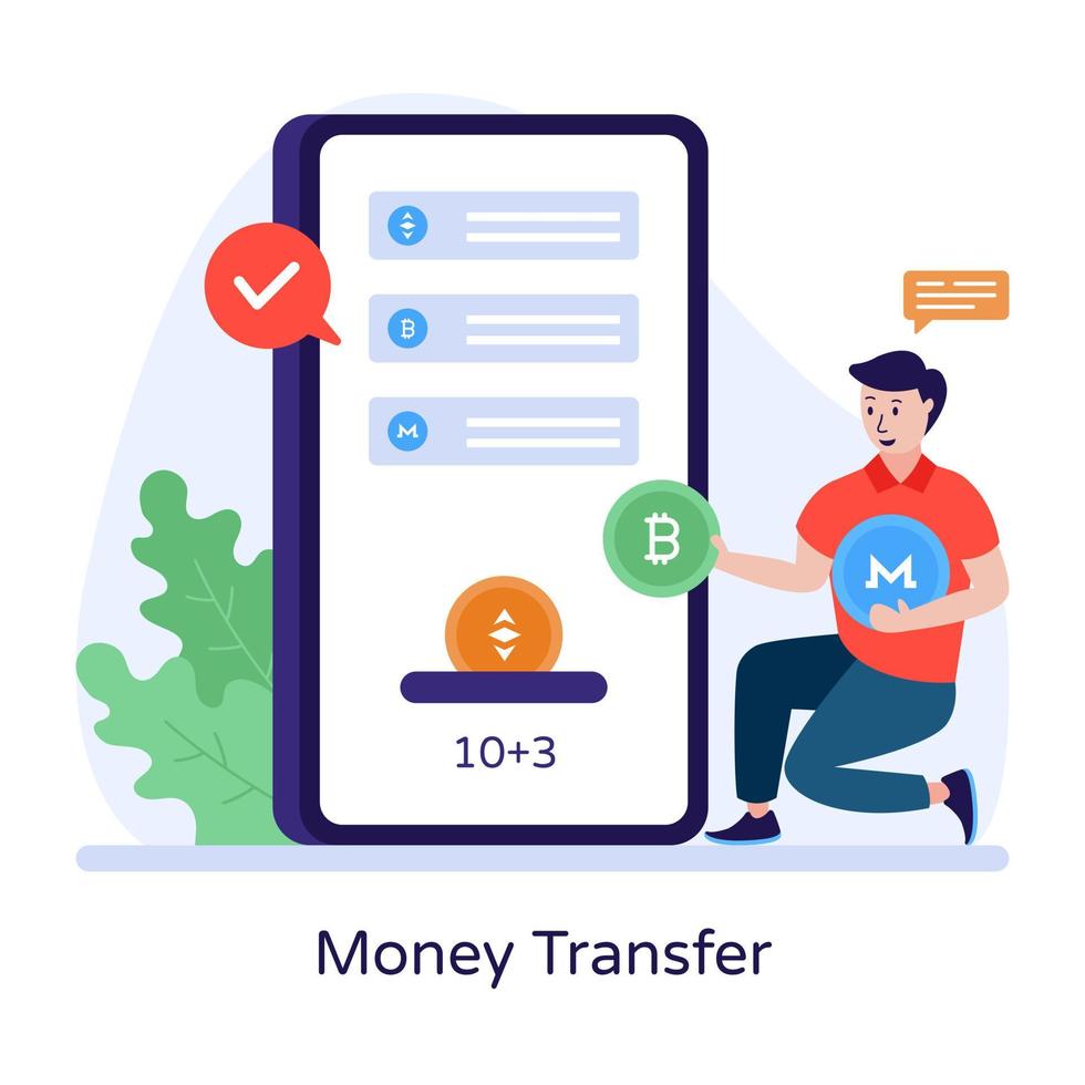 Money transfer flat illustration, online trading app vector