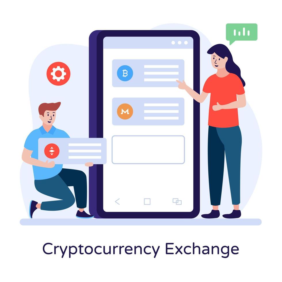 Cryptocurrency exchange flat illustration, online trading app vector