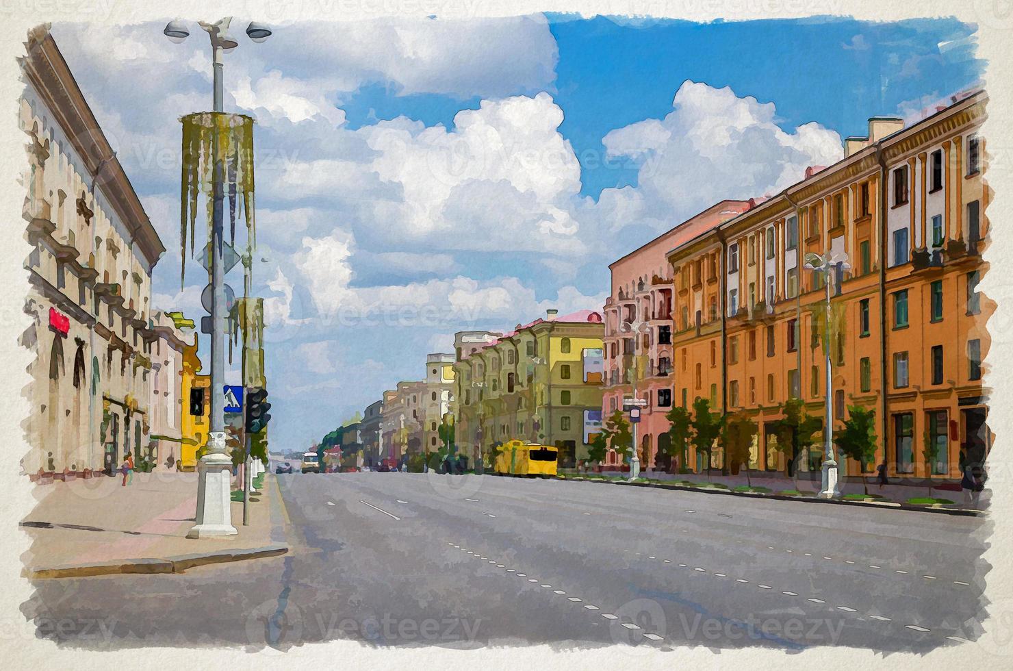 Watercolor drawing of Minsk Independence Avenue with Socialist Classicism Stalin Empire style buildings, sidewalk pavement and riding cars photo