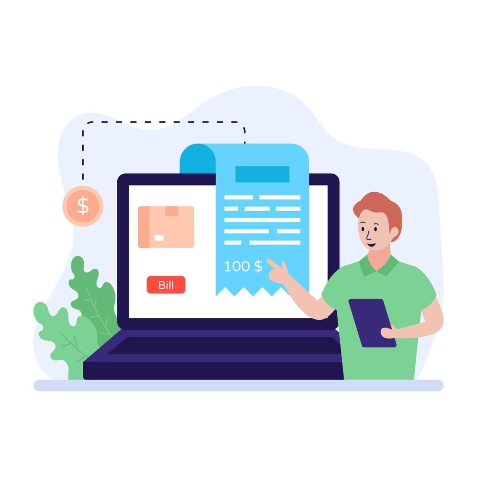 An online bill in a laptop, flat illustration vector