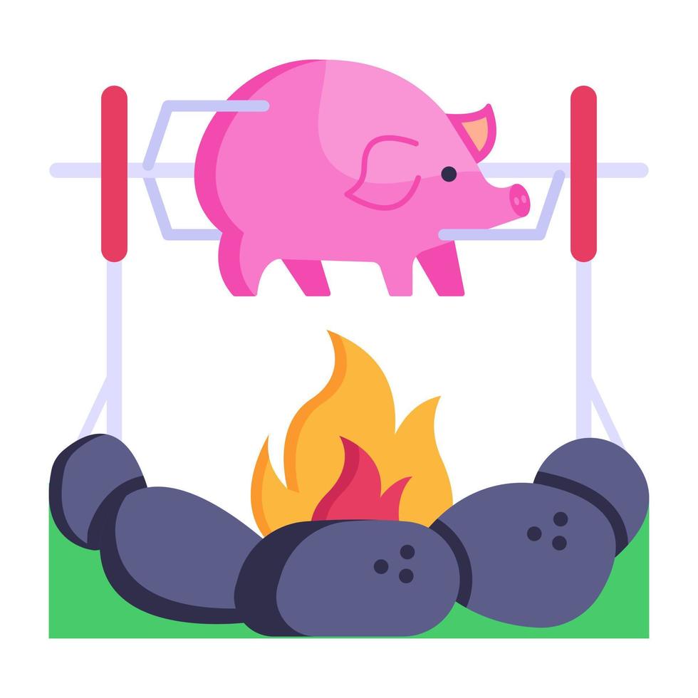 Campsite cooking, pig roast flat icon vector