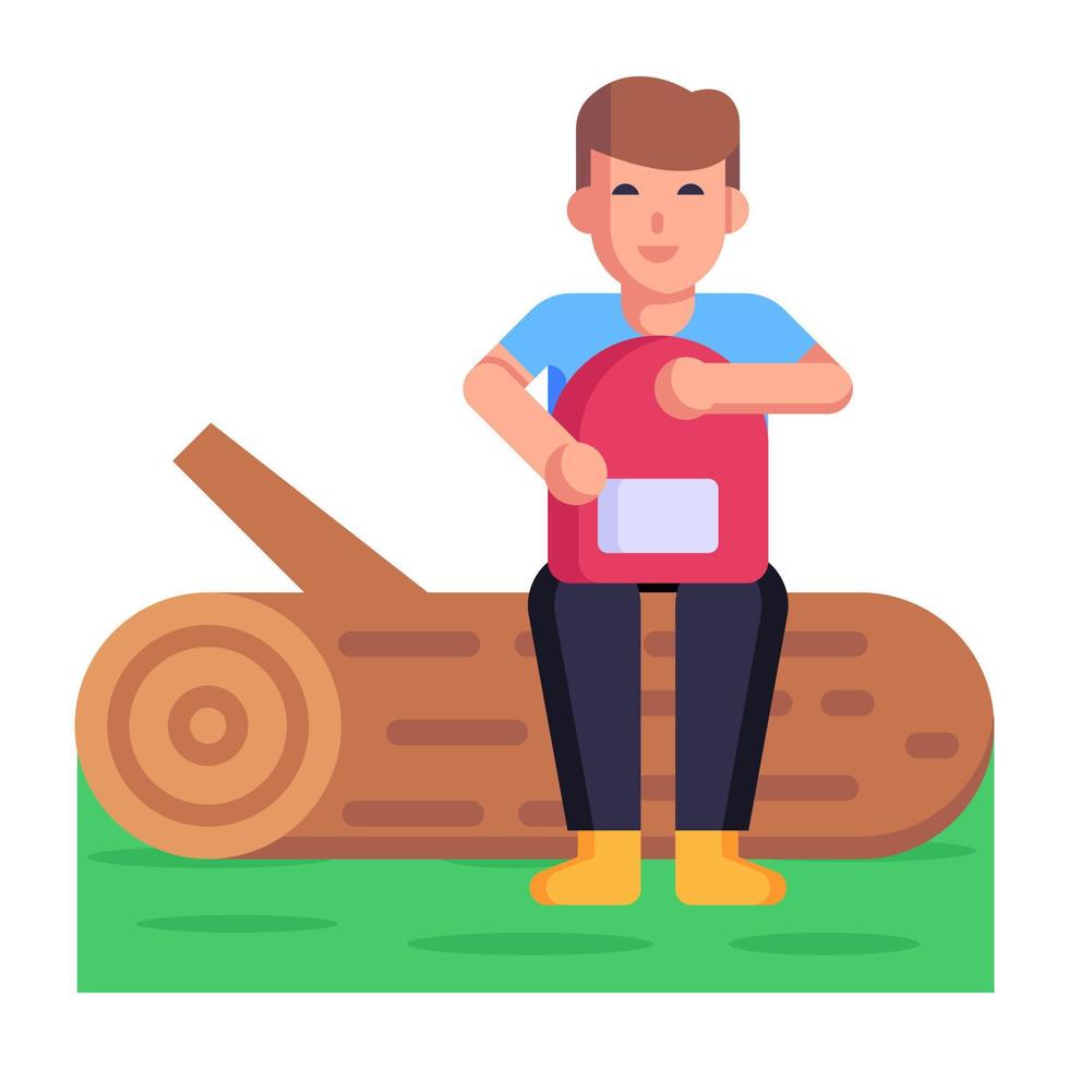 Person with bag denoting a flat icon of backpacker vector