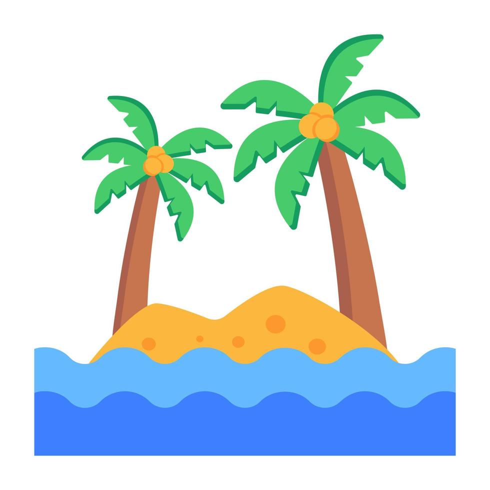 mar y cocoteros que muestran una imagen de icono plano de isla tropical vector