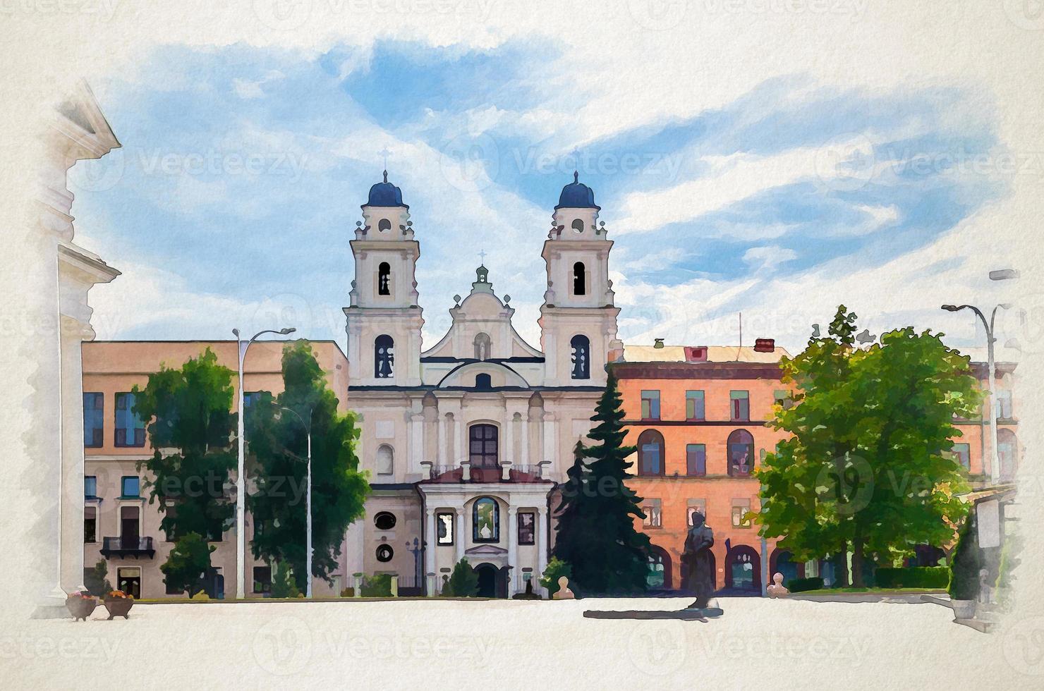 Watercolor drawing of Minsk Cathedral of Holy Name of Saint Virgin Mary Roman Catholic church baroque style building on Freedom Svabody square photo