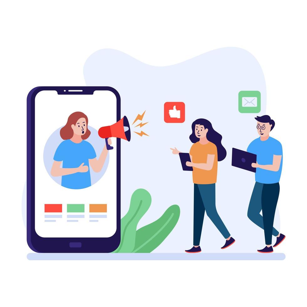 Social promotion via mobile phone, flat illustration vector