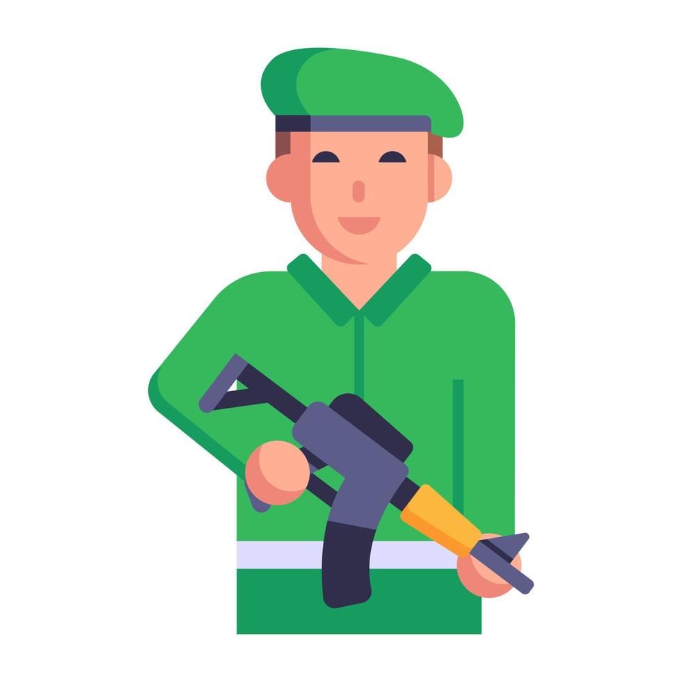 Person in military uniform with gun, flat icon of army soldier vector