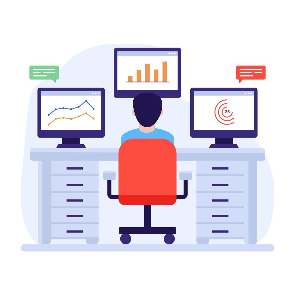 Person doing online data analysis, flat illustration of server monitoring vector