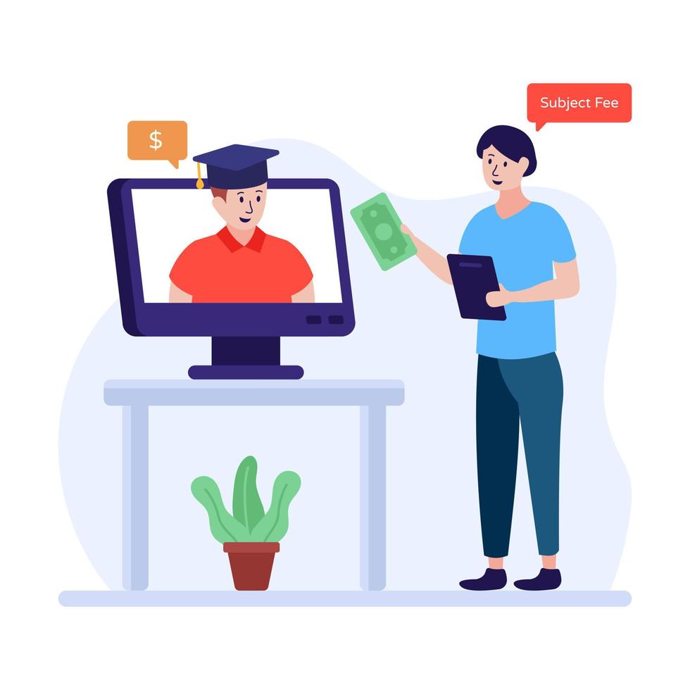 Student scholarship flat illustration, student inside screen with man standing outside vector