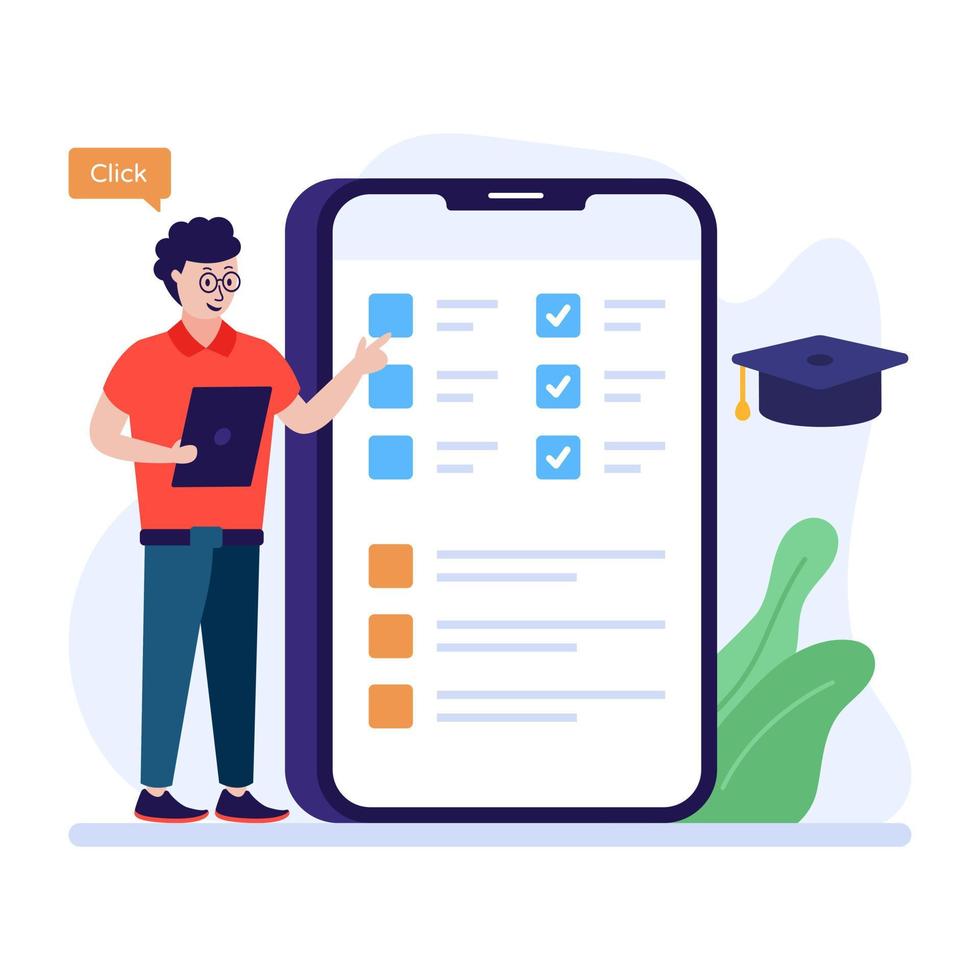 An online graduation via virtual learning, flat illustration vector