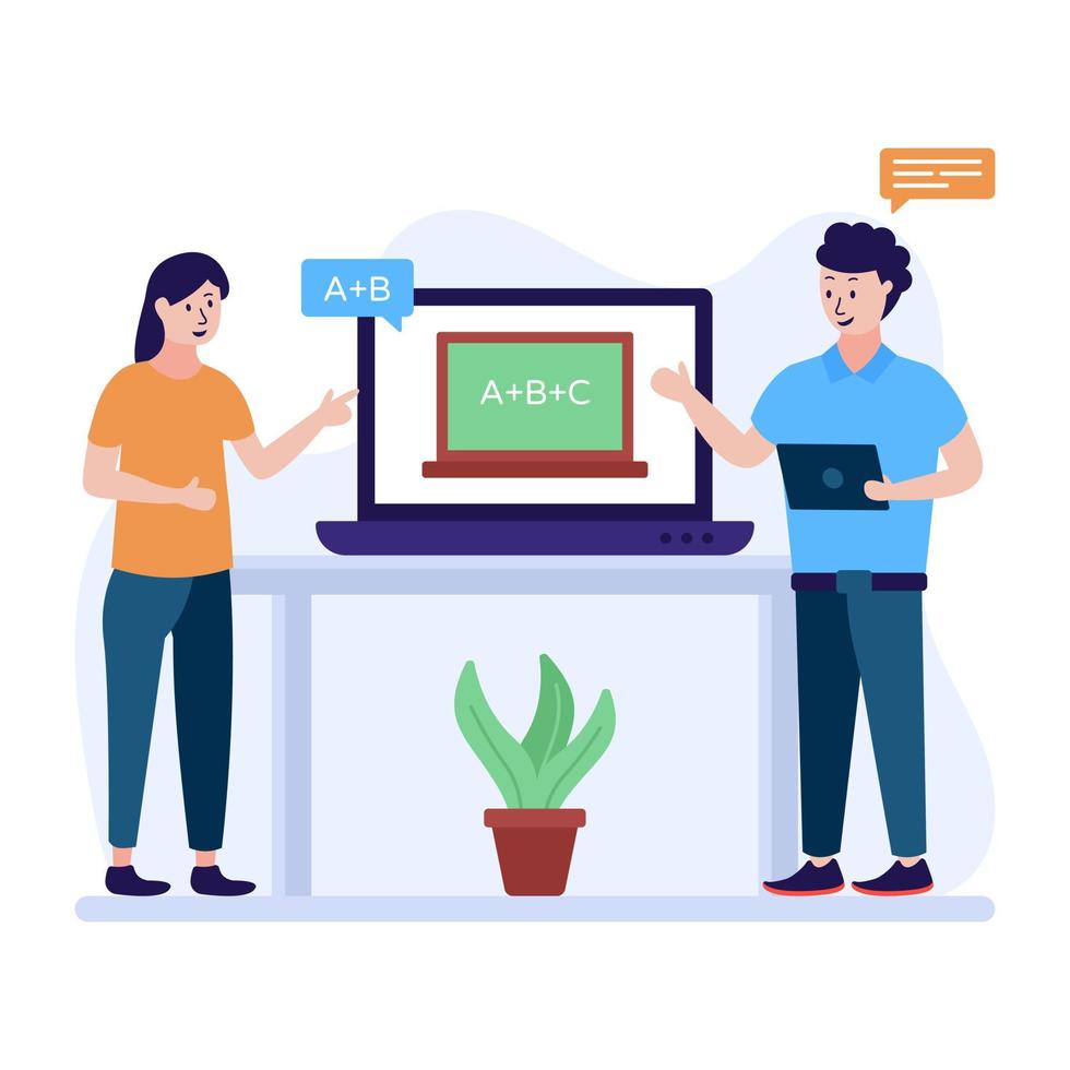 Students taking an online class flat vector illustration