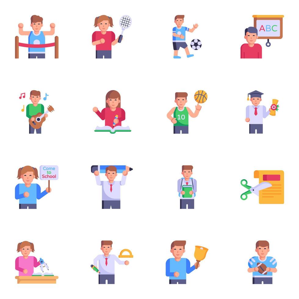 paquete de iconos planos de aprendizaje y deportes vector