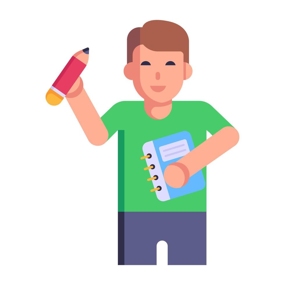 Boy holding pencil and notebook, flat icon vector