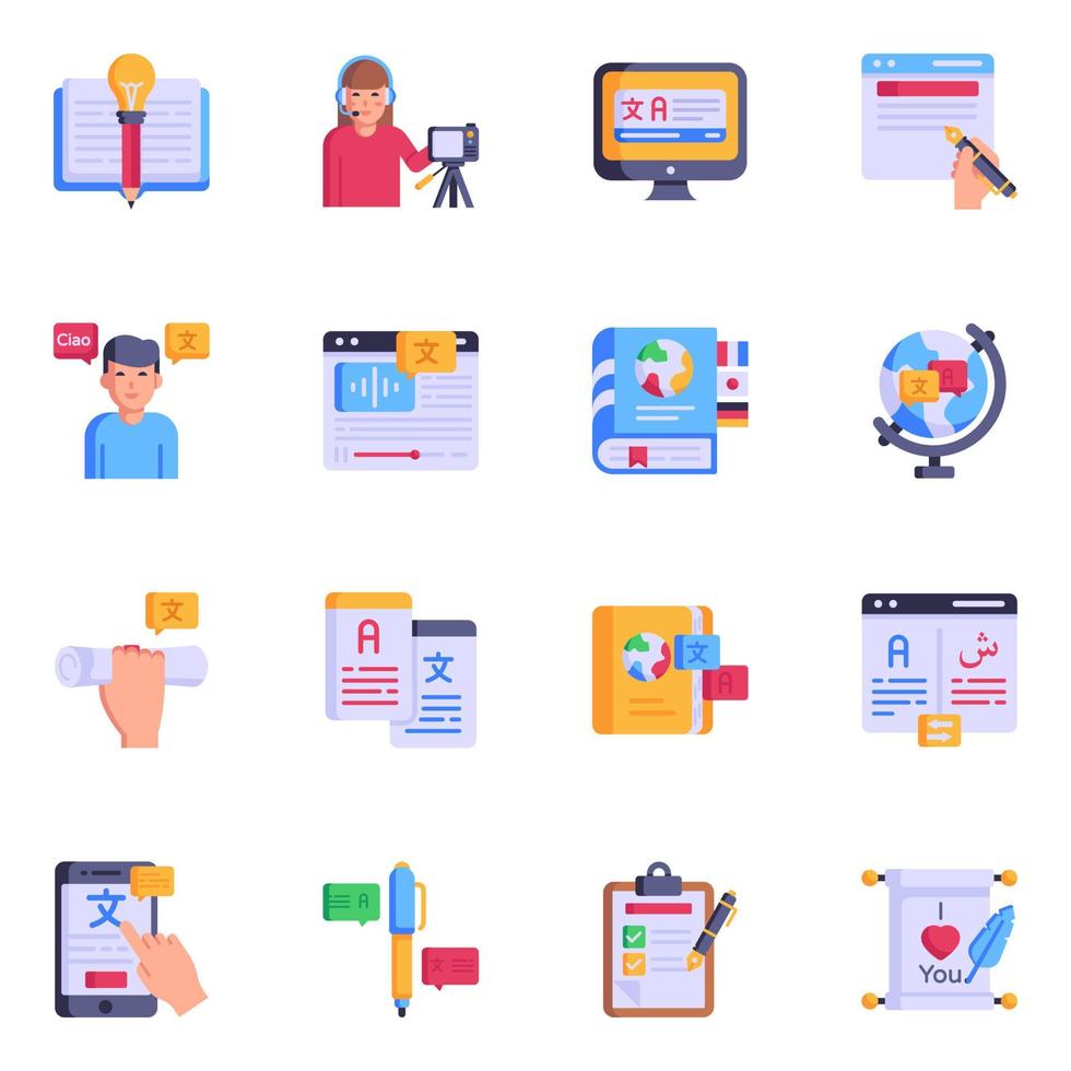 Collection of Writing and Interpretation Flat Icons vector