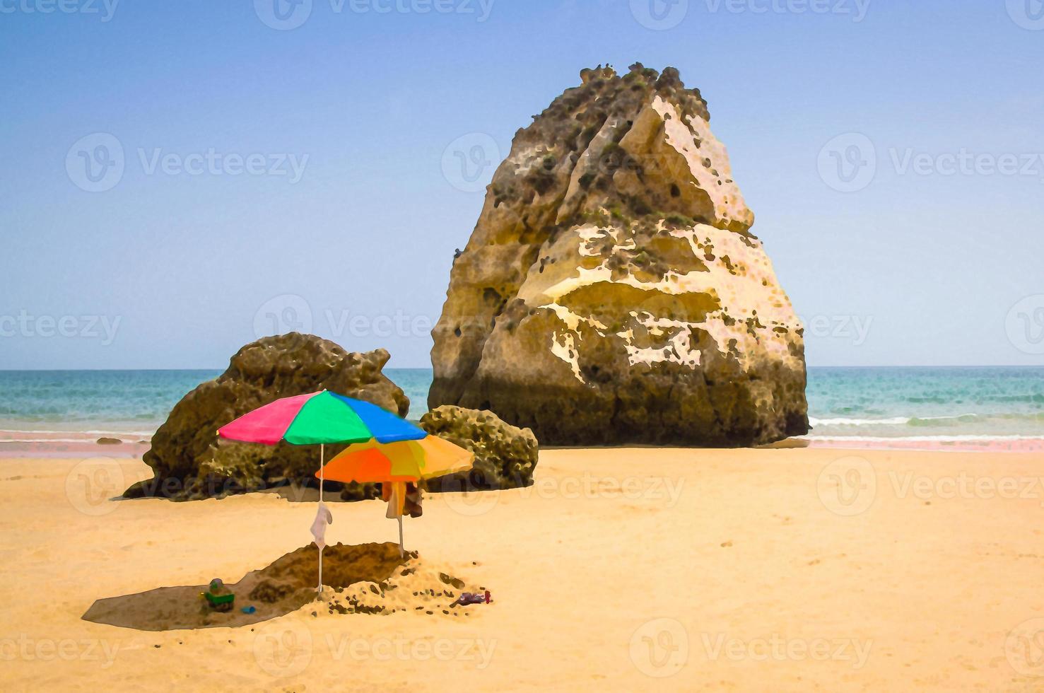 Watercolor drawing of two colored sun umbrellas on the beach, Portugal, Algarve, children's sandbox on beach, huge stones on the ocean beach photo