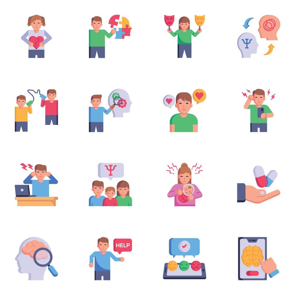 Pack of Psychological Illness and Disorders Flat Icons vector