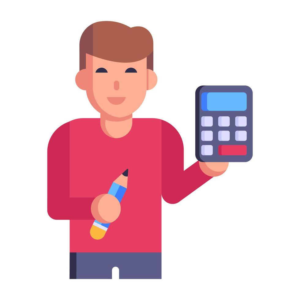 Boy holding calculator and pencil, flat icon vector