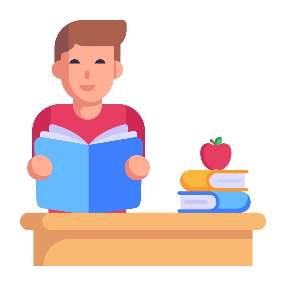 Boy reading a book, flat icon of study vector