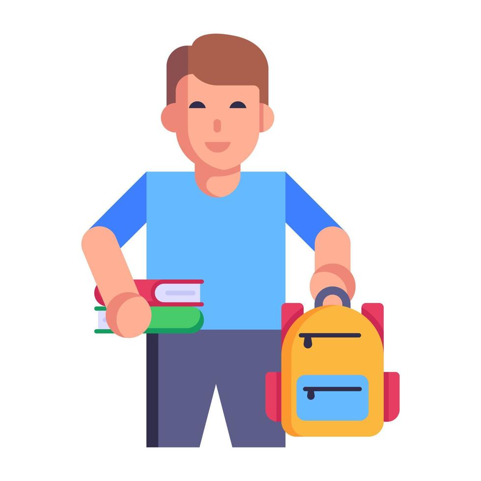 niño sosteniendo una bolsa y libros, la escuela va a un icono plano vector