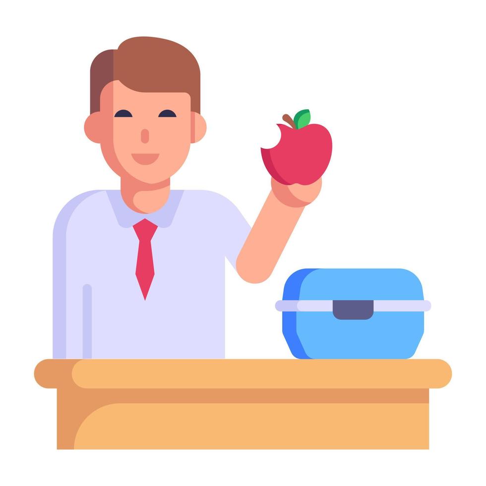 Student eating an apple, flat icon of lunch box vector