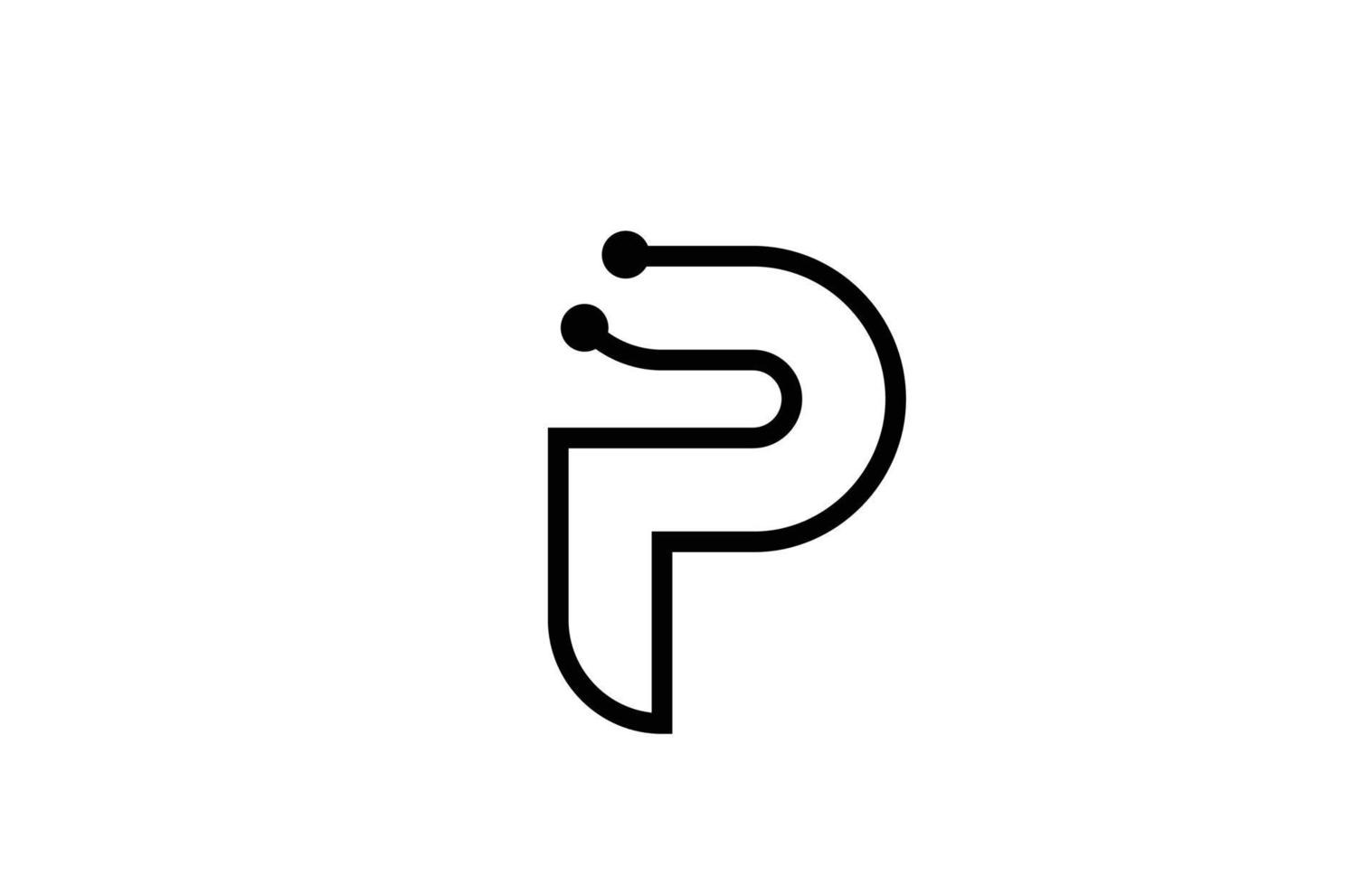 Diseño de icono de logotipo de letra del alfabeto en blanco y negro de línea p con punto. plantilla creativa para negocios y empresas. vector