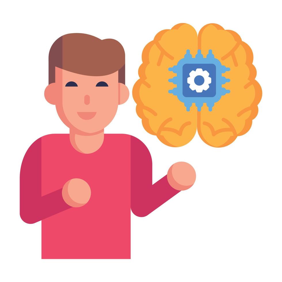 Microprocessor chip inside brain, flat icon of machine thinking vector