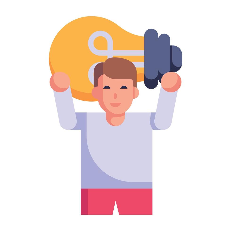 Man holding light bulb, concept of creative person flat icon vector