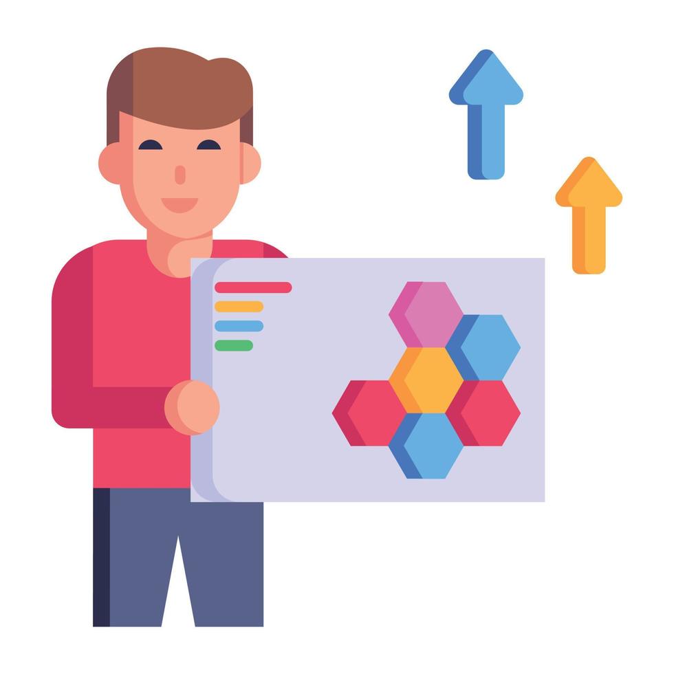 persona con estructura molecular y flechas hacia arriba, icono plano de fórmula empresarial vector