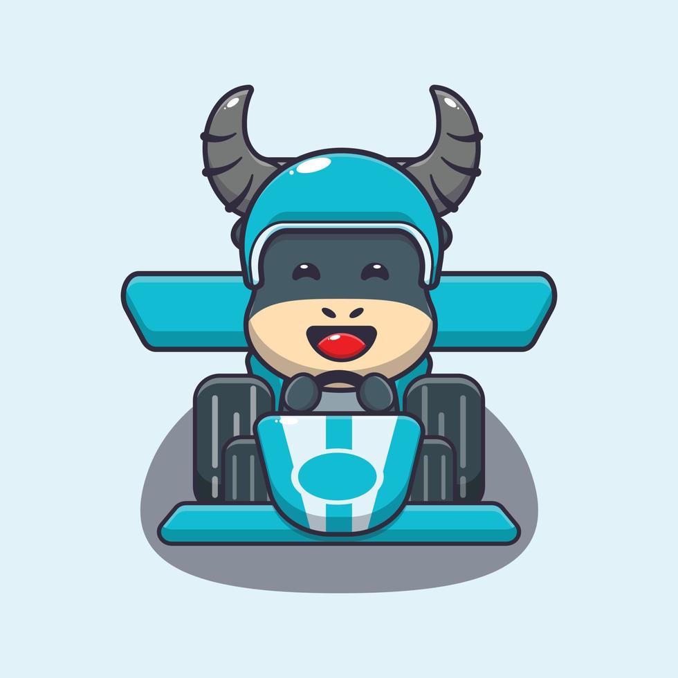 lindo personaje de dibujos animados de mascota de búfalo montando coche de carreras vector