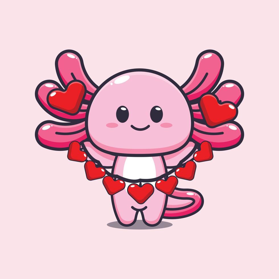 linda ilustración de personaje de dibujos animados de mascota axolotl en el día de san valentín vector