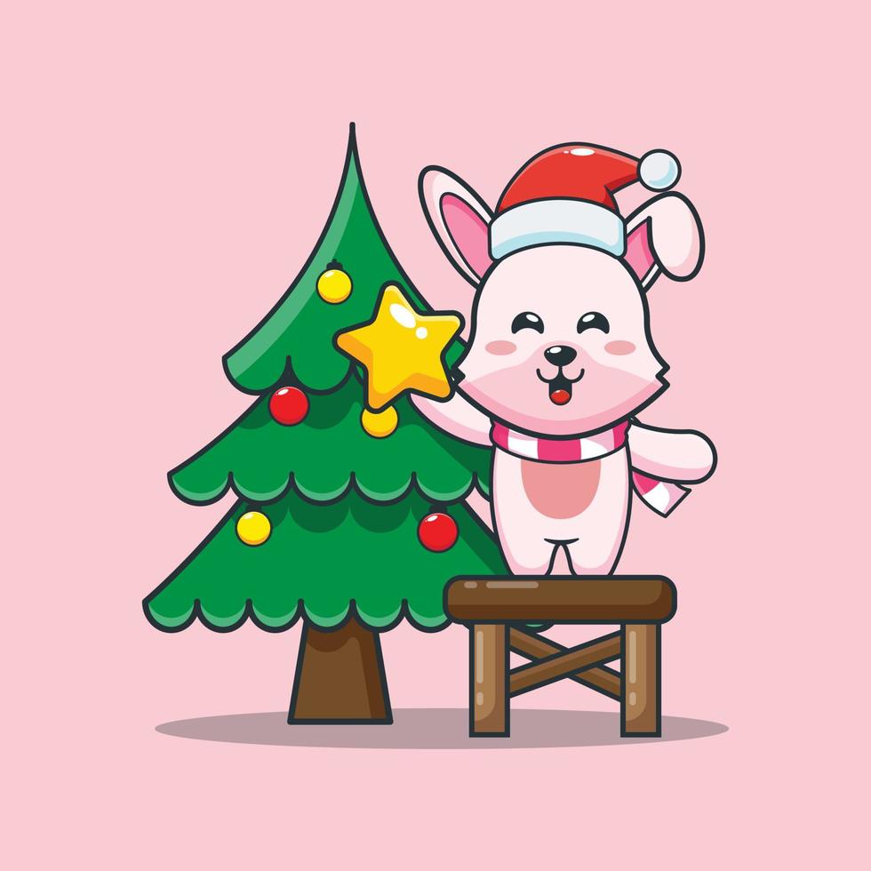 Cute bunny taking star from christmas tree. Cute christmas cartoon illustration. vector