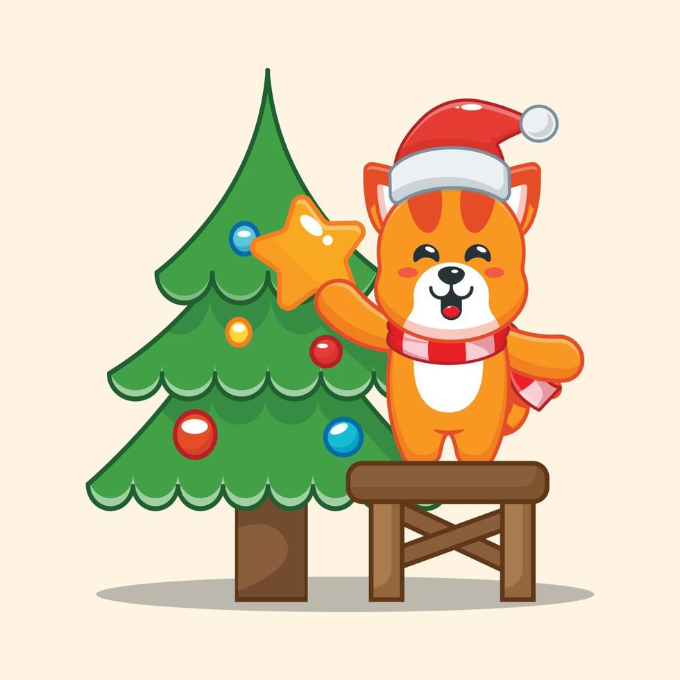 lindo gato tomando la estrella del árbol de navidad. linda ilustración de dibujos animados de navidad. vector