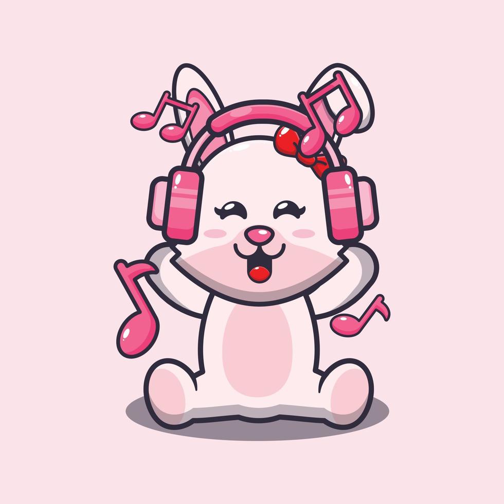 ilustración de mascota de dibujos animados lindo conejito escuchando música con auriculares vector