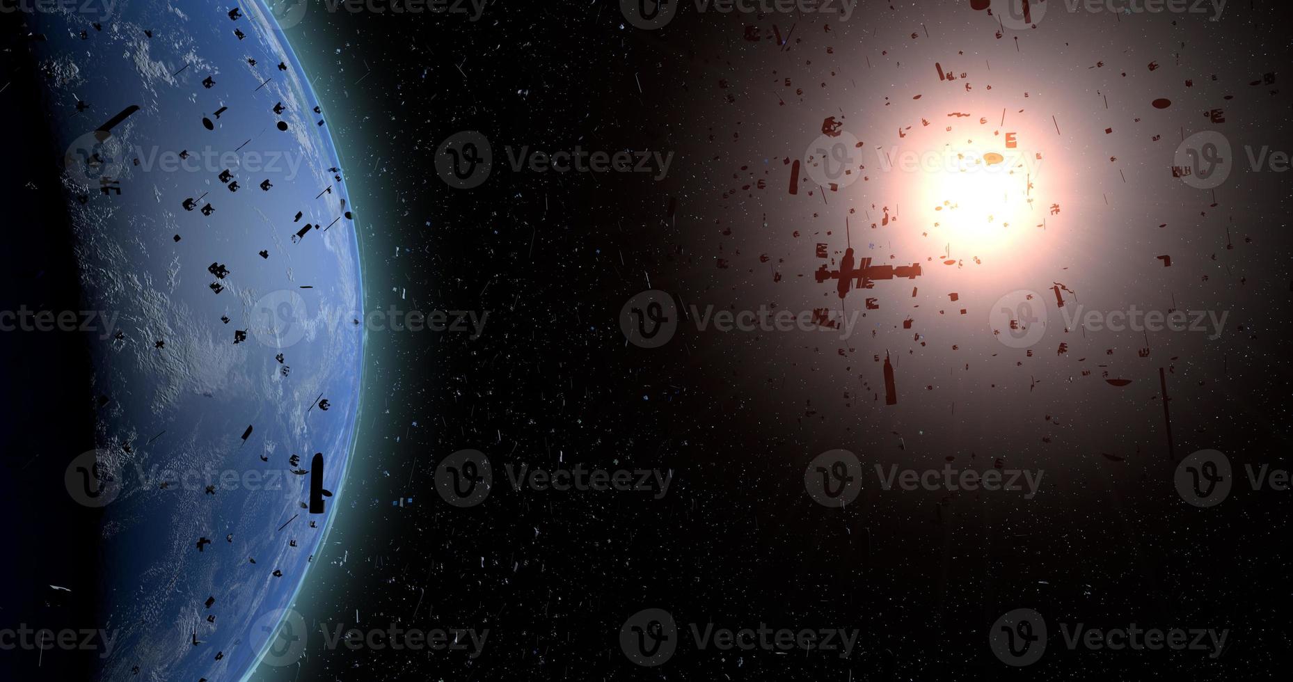 Space debris floating in the orbit of planet Earth. Old satellites, rockets of support, pieces of metal are a threat because they can collide with the new satellites. 3D illustration photo