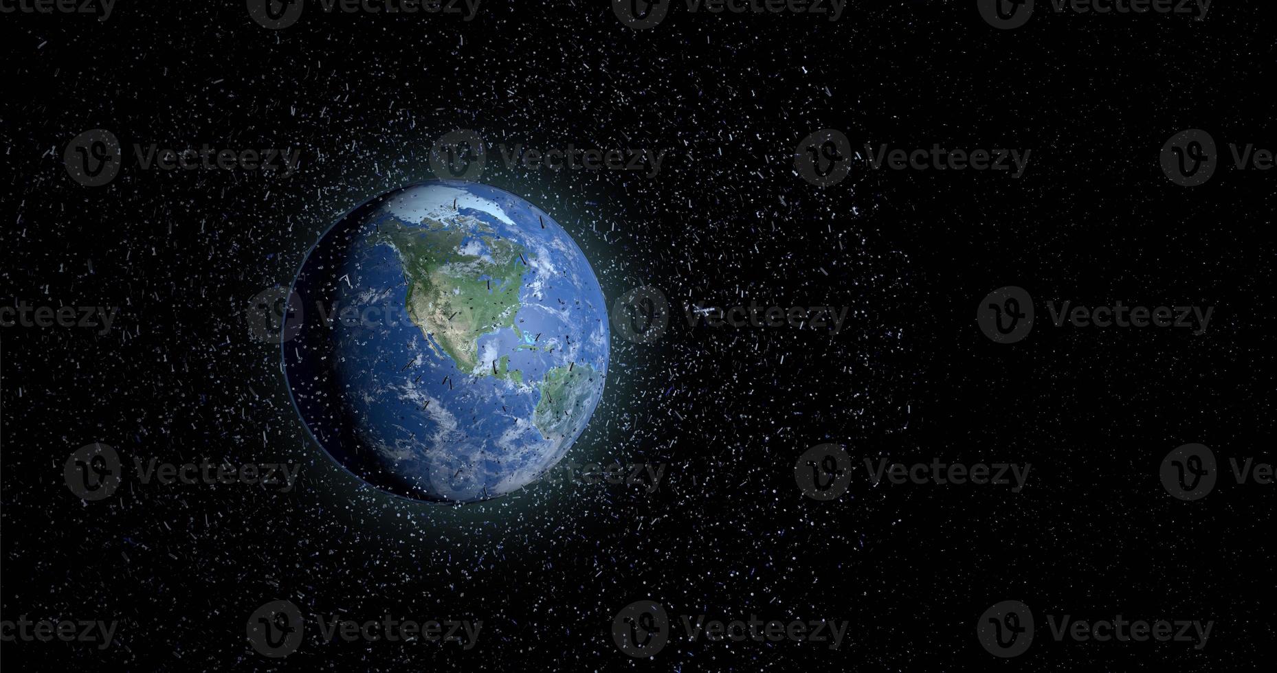 Space debris floating in the orbit of planet Earth. Old satellites, rockets of support, pieces of metal are a threat because they can collide with the new satellites. 3D illustration photo