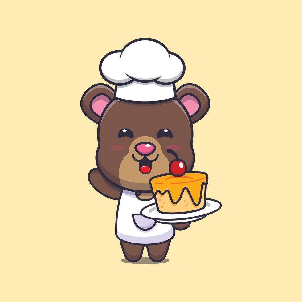 cute bear chef mascot cartoon character with cake vector