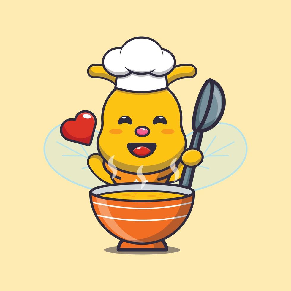 Cute bee chef mascota personaje de dibujos animados con sopa vector