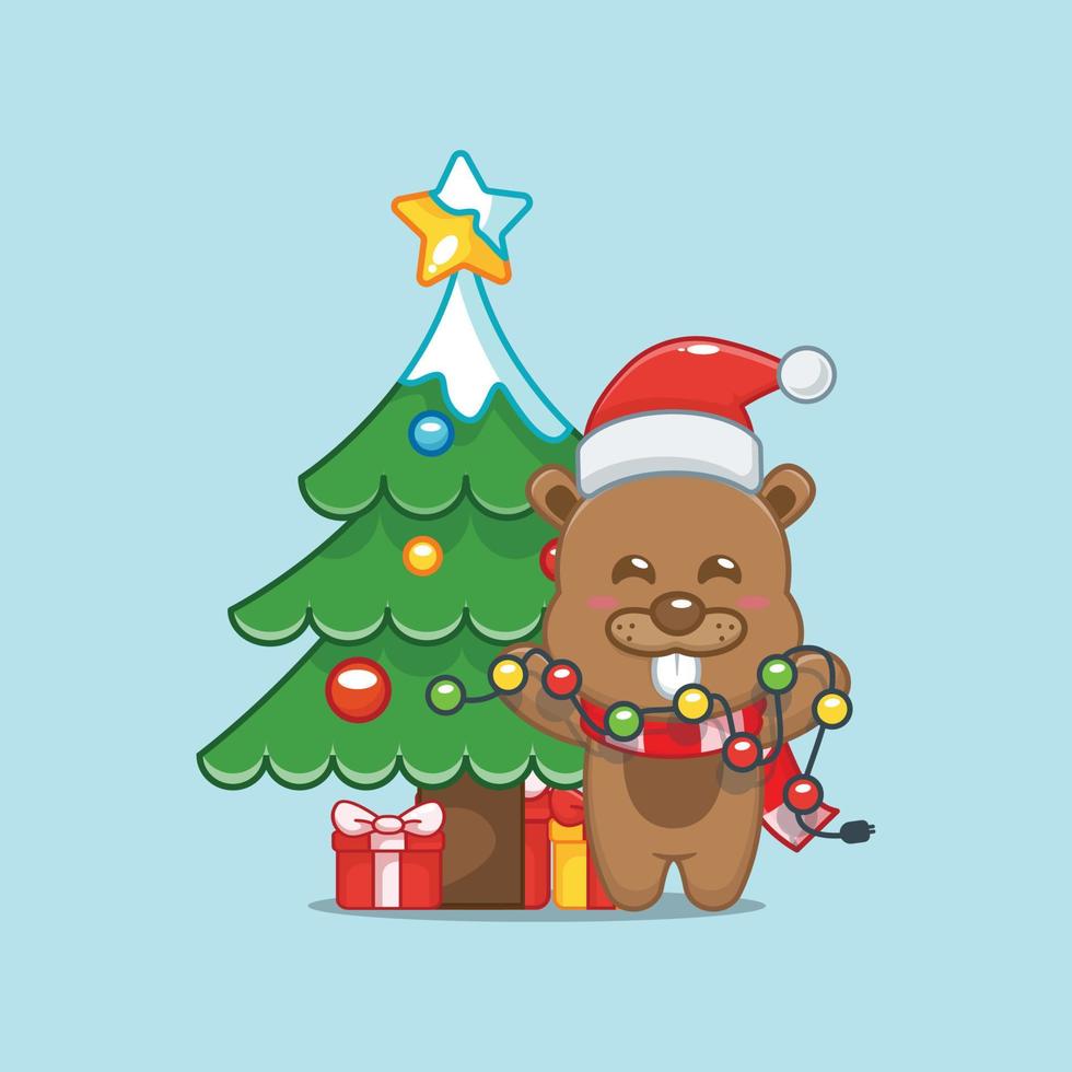 Cute beaver with christmast lamp. Cute christmas cartoon illustration. vector