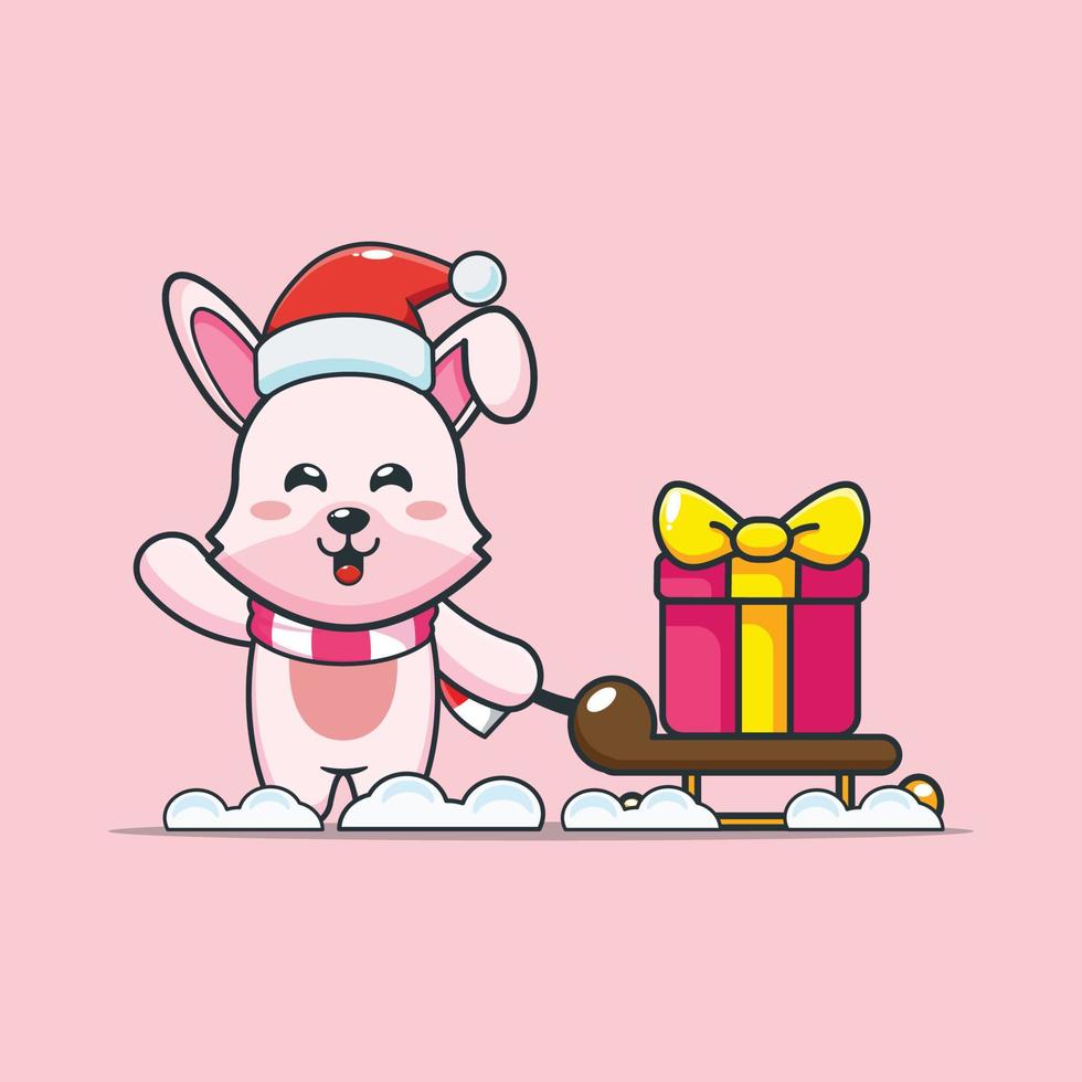 Cute bunny carrying christmas gift box. Cute christmas cartoon illustration.. vector