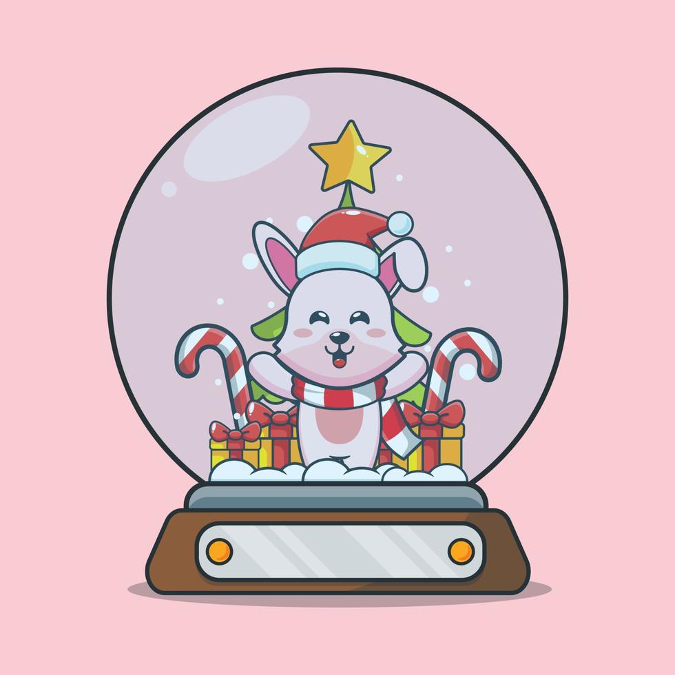 lindo conejito en globo de nieve. linda ilustración de dibujos animados de navidad. vector