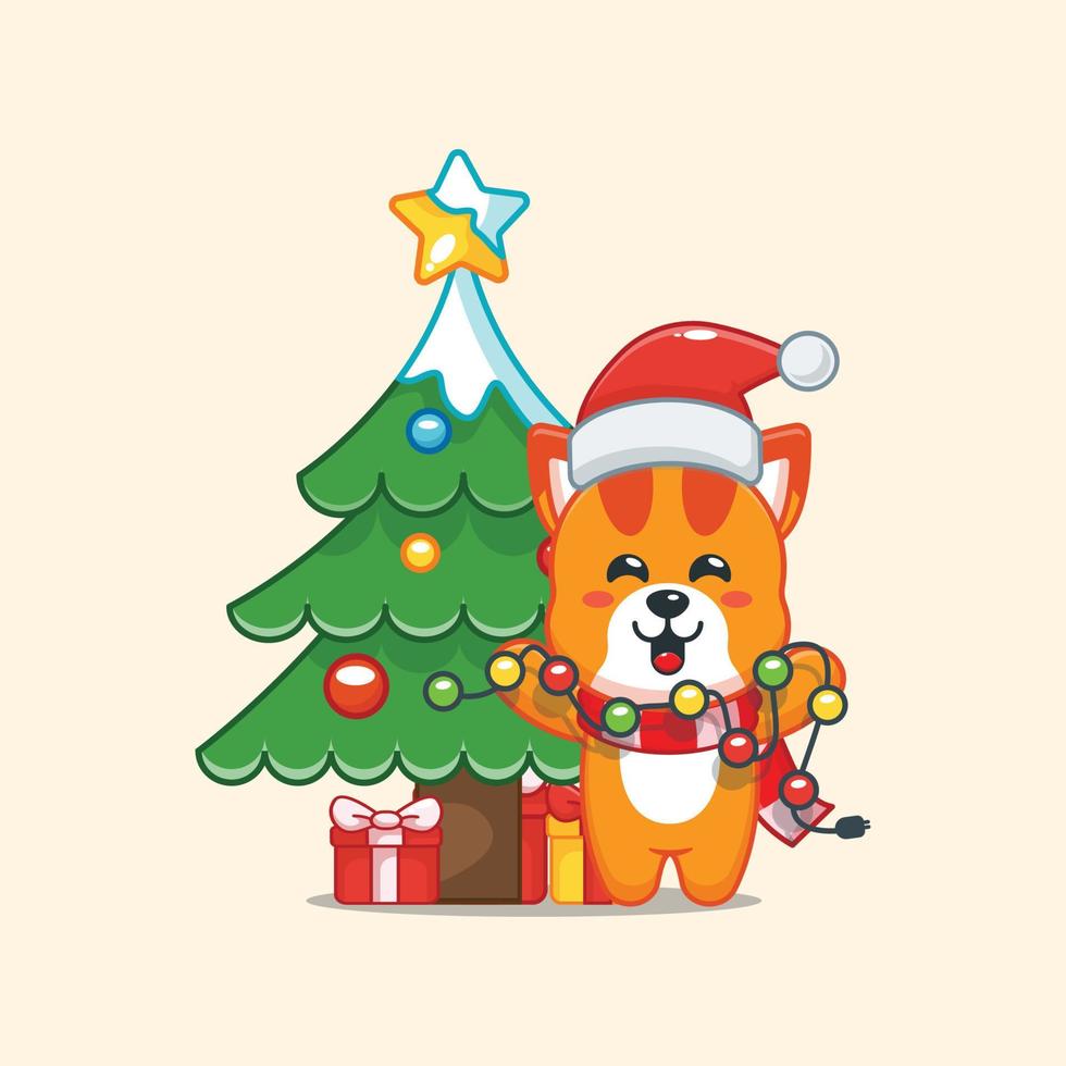 Cute cat with christmast lamp. Cute christmas cartoon illustration. vector