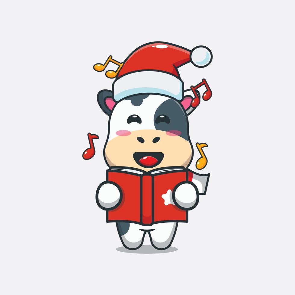 Cute cow sing a christmas song. Cute christmas cartoon illustration. vector