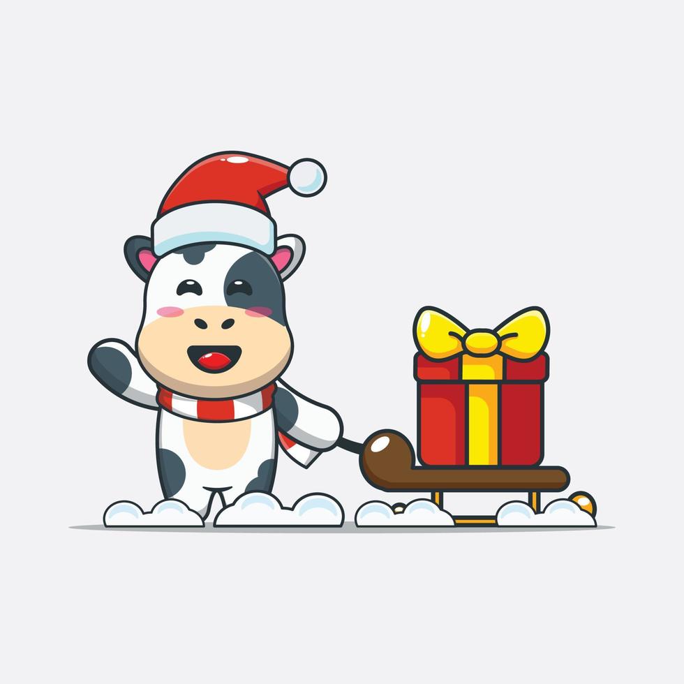 Cute cow carrying christmas gift box. Cute christmas cartoon illustration. vector