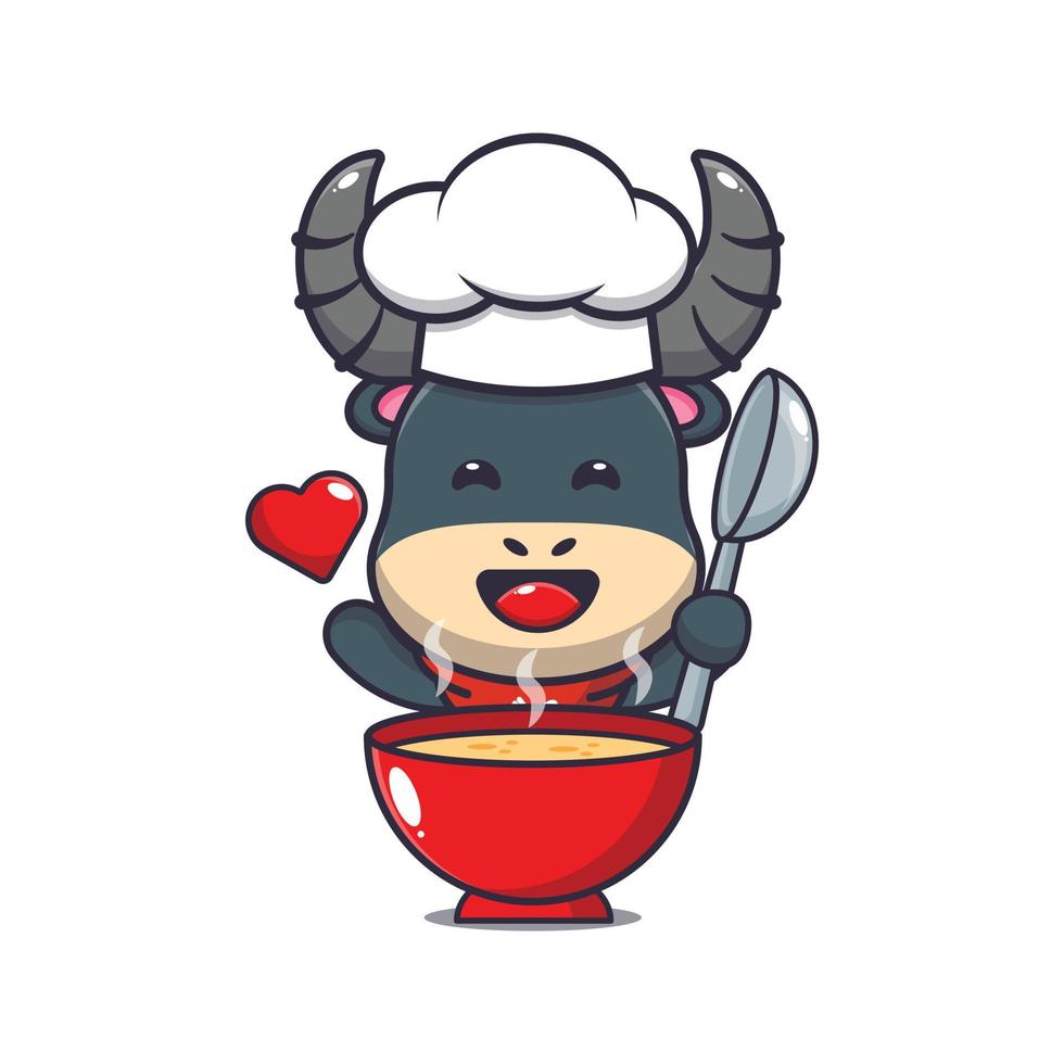 cute buffalo chef mascot cartoon character with soup vector